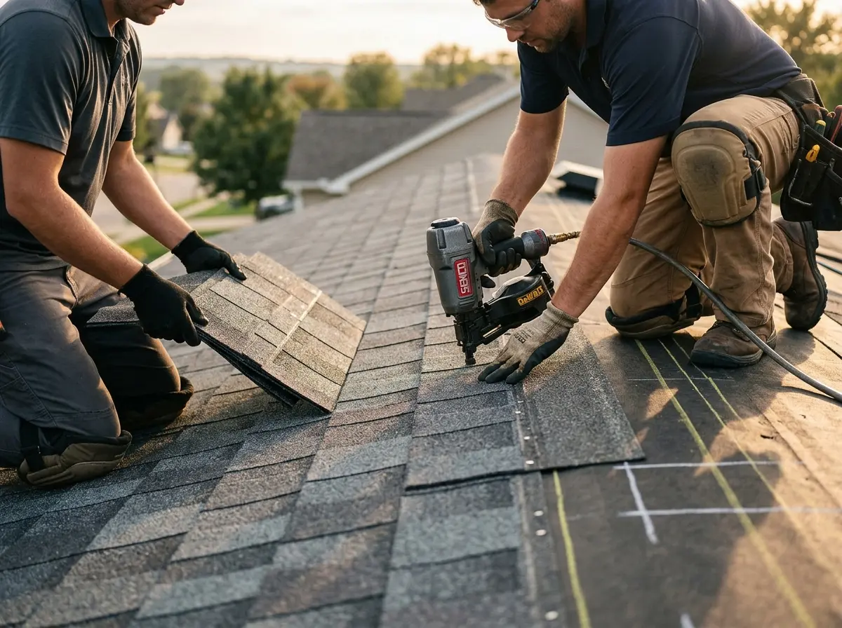 Professional roofer working on a residential roof in Round Lake Park